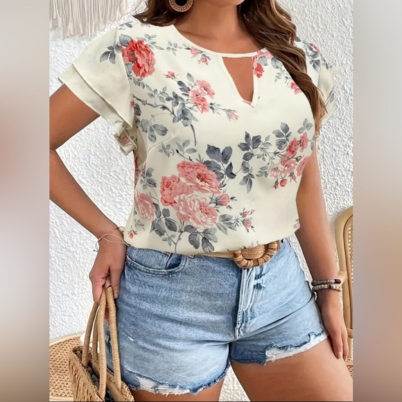 2X Plus Size Floral Print Blouse Casual Cut Out Ruffle Sleeve Blouse For… - Picture 2 of 4